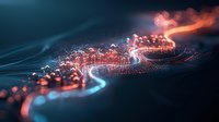 Abstract digital wave of glowing orange and blue particles flowing in dark space, creating dynamic light trails and motion paths. Modern technology concept.
