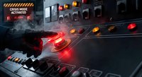Futuristic control panel with glowing red buttons and warning lights in dark industrial setting for sci-fi technology concepts.