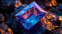 Luminous blue crystal gemstone with purple reflections on dark rocky surface illuminated by warm orange light creating magical mystical atmosphere.