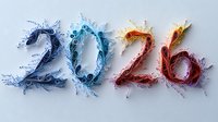 Artistic number 2026 created with colorful swirling feathers and floral elements in gradient colors from blue to red on light background, decorative new year typography.