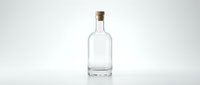 Empty clear glass bottle with cork stopper isolated on white background for product mockup and packaging design projects.