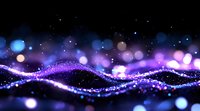 Magical glowing wave of sparkling particles flowing on dark background with purple and blue bokeh lights creates dreamy cosmic atmosphere.