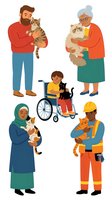 Diverse group of people holding cats including bearded man, elderly woman, child in wheelchair, Muslim woman in hijab, and construction worker on white background.