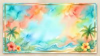 Abstract tropical watercolor background with palm trees, colorful flowers, and ocean waves. Vibrant sunset sky with turquoise, coral, and yellow hues. Isolated design element for summer projects, travel themes, and seasonal graphics.