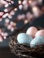 Speckled blue and pink eggs in natural nest with blooming cherry blossoms creating soft bokeh effect against dark background. Perfect for spring and Easter designs.
