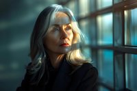 Mature woman with silver blonde hair gazing thoughtfully through window in dramatic lighting, wearing black outfit against blurred teal background. Contemplative portrait captures aging gracefully.