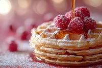 Stack of golden waffles topped with fresh raspberries and powdered sugar, maple syrup dripping down in warm morning light against blurred bokeh background.