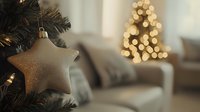 Golden star ornament hanging on Christmas tree with blurred festive lights in cozy living room background.