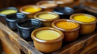 Colorful egg custard desserts in ceramic ramekins arranged on rustic wooden tray, selective focus on creamy yellow and caramel surfaces with smooth texture.