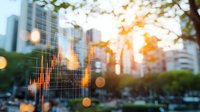 Financial graph overlay on blurred urban cityscape with bokeh lights during golden sunset, showing market data analysis and trading statistics.