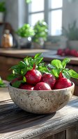 Fresh red radishes with green leaves in rustic ceramic bowl on wooden table, natural window light. Perfect for healthy eating, farm-to-table, and cooking lifestyle content.
