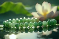 Green jade beads bracelet with soft focus lotus flower in background, reflecting on glossy surface. Zen and wellness concept for spa and meditation.