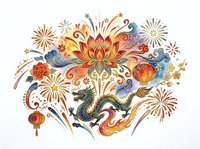 Ornate dragon and lotus flower with fireworks and lanterns in vibrant gold, red, and blue colors on isolated white background, ready for design projects.