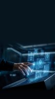 Engineer or technician with medium skin tone interacting with holographic interface displaying digital schematics and blueprints on tablet device in dark workspace for technology and innovation concepts.