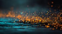 Abstract bokeh lights creating magical atmosphere with golden orange particles floating over dark teal blue surface for luxury backgrounds and designs.