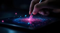 Futuristic digital art showing hand drawing glowing spiral on tablet screen with magical light particles and blue pink neon effects in dark background.
