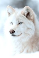 Majestic white wolf with piercing blue eyes against snowy background, close-up portrait showing detailed fur texture and noble expression. Wildlife photography.