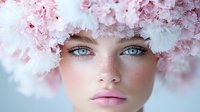 Young woman with bright blue eyes and pink lips framed by delicate pink cherry blossoms against soft white background, creating ethereal spring beauty portrait.