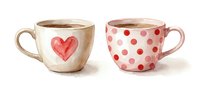 Two ceramic mugs with watercolor heart and polka dot designs, isolated on white background, ready for product mockups, merchandise design, and Valentine's Day marketing materials.