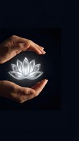 Hands of a woman with medium skin tone cradling a glowing lotus flower symbol against dark background, representing wellness, spirituality, healing, and mindfulness practices.