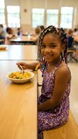 Happy African American girl with colorful braids eating healthy lunch in school cafeteria, smiling at camera while enjoying nutritious meal during break time.