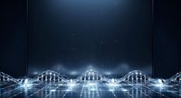 Digital network bridges connecting glowing data streams and light particles across dark cyberspace, representing technology infrastructure, connectivity, and digital transformation for business solutions.