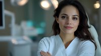 Young Hispanic female medical professional in white coat smiling confidently at camera in modern healthcare facility with blurred background lighting and medical equipment.