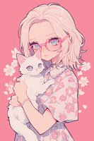 Young anime girl with glasses holding white cat against pink background with cherry blossoms. Soft pastel colors and kawaii style illustration for decorative use.