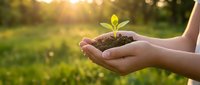 Hands holding soil with young green seedling sprout in sunlight, symbolizing growth, environmental care, and sustainable agriculture for eco-friendly projects.