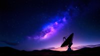 Silhouette of radio telescope against vibrant night sky with purple and blue Milky Way galaxy, stars illuminating mountain landscape at dusk.