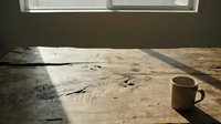 Rustic wooden table with sunlight streaming through window, casting shadows across weathered surface with coffee mug for café or workspace design projects.