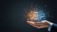 Business professional hand holding glowing digital icons representing finance, technology, and data management solutions for corporate innovation and strategic planning.