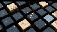 Worn computer keyboard keys in dark blue and beige colors showing texture and wear patterns in close-up macro photography, creating abstract geometric pattern.