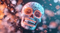 Glowing ornate skull with intricate neon patterns against blurred bokeh background in blue and orange colors, mystical artistic composition with light effects.