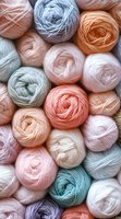 Colorful yarn balls in soft pastel shades arranged together for knitting and crochet projects. Craft supplies in pink, blue, orange and mint colors.