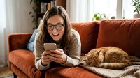 Young woman with long brown hair and glasses relaxing on rust-colored sofa with ginger cat, holding mobile device, cozy home interior with natural light and plants.