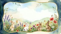 Cute rabbits and bunnies in spring meadow with wildflowers, lavender and roses. Watercolor illustration for children's books, nursery decor and Easter designs.