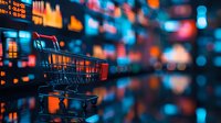 Shopping cart silhouette against blurred stock market data display with blue and orange bokeh lights creating modern retail and financial concept background.