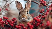 Close up portrait of brown rabbit among red winter berries and branches, looking directly at camera with alert expression and perked ears. Natural outdoor setting.