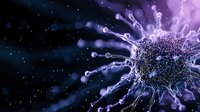 Microscopic virus particle with spike proteins against cosmic purple background for medical research and healthcare education concepts.