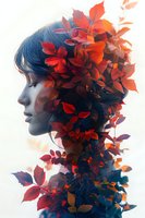 Creative double exposure portrait combining feminine profile with vibrant autumn leaves in red and orange hues, perfect for seasonal designs, book covers and artistic projects.