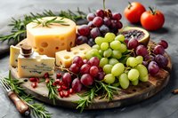 Gourmet cheese board with Dutch cheese, fresh red and green grapes, tomatoes, pomegranate seeds and rosemary sprigs served on rustic wooden platter, perfect for wine pairing and entertaining.