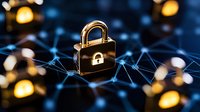 Golden padlock on digital network with glowing connections and bokeh lights representing cybersecurity, data protection and online privacy concepts.