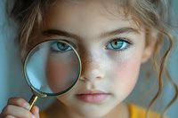 Young girl with bright blue eyes and freckles holding magnifying glass to eye creating optical illusion effect against blurred blue background.