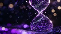Magical glowing hourglass with purple sparkles and particles floating in dark space, mystical time concept with bokeh lights and glitter effects.