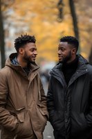 Two young African American men having friendly conversation outdoors in autumn park wearing winter jackets smiling and laughing together during fall season.