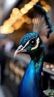 Majestic peacock head profile with vibrant blue and green iridescent plumage and ornate crest feathers against warm bokeh background.