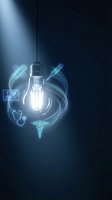 Glowing light bulb surrounded by floating medical icons including stethoscope, syringe, caduceus symbol on dark blue background representing healthcare innovation.