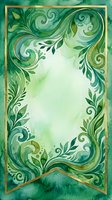Ornate green watercolor frame with scrolling botanical flourishes and gold accents, featuring blank center space for text or design overlay on elegant invitation or greeting card templates.