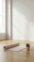 Minimalist yoga mat rolled on wooden floor with small succulent plant in bright natural light room for wellness and meditation practice.